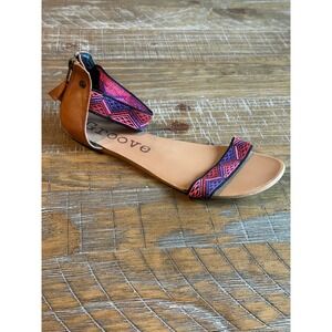 Groove Women's Tan Leather Geometric Fabric‎ Ankle Strap Flat Sandals 9 BOHO